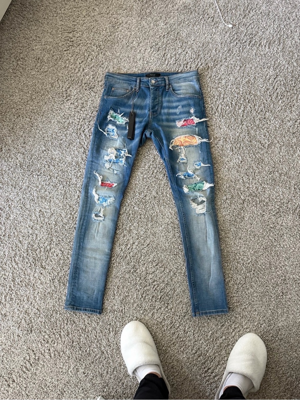 Skinny Distressed Blue Jeans with Colorful Patch Details